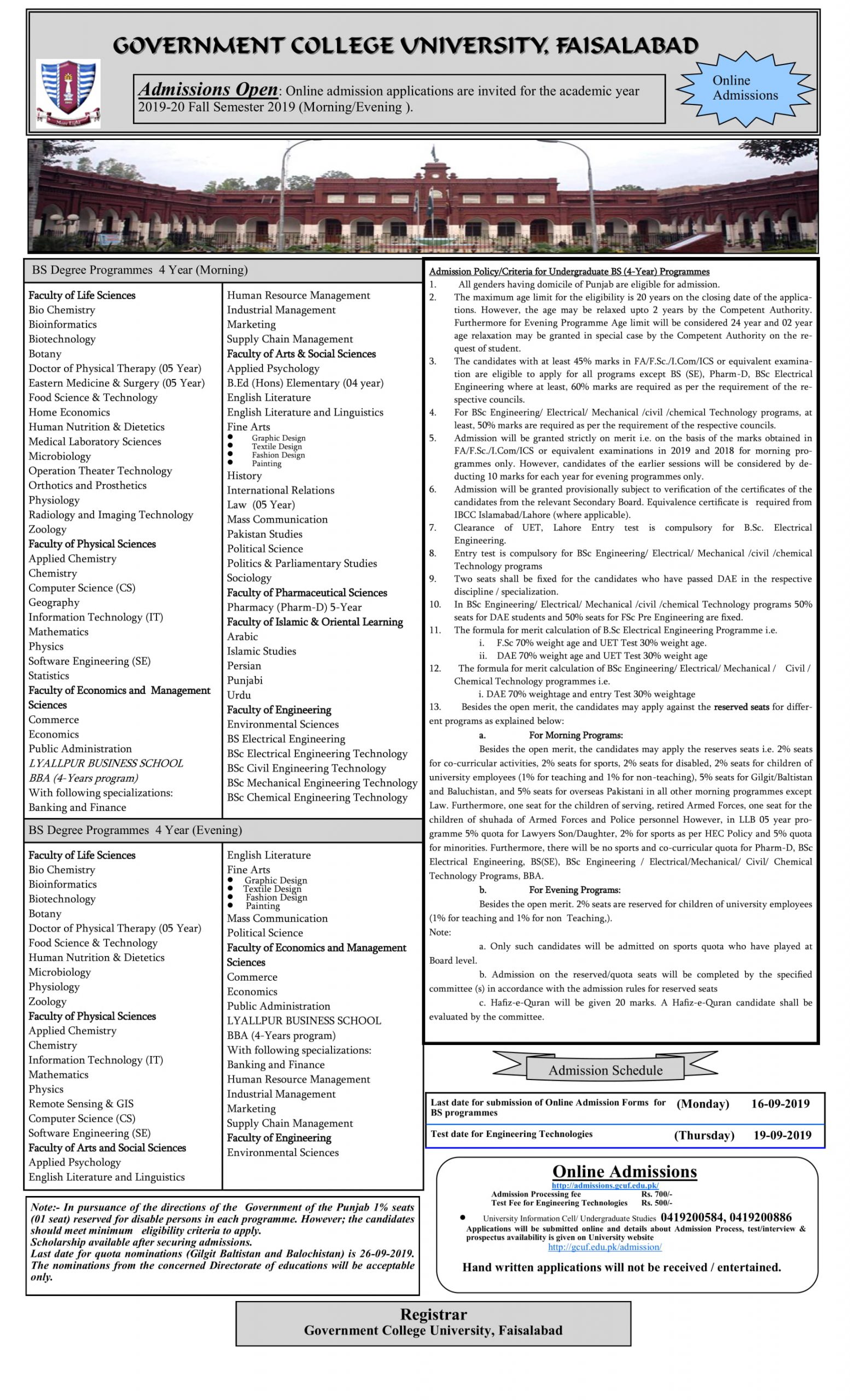 Government College University, Faisalabad BS Degree Programmes (Fall 2019)