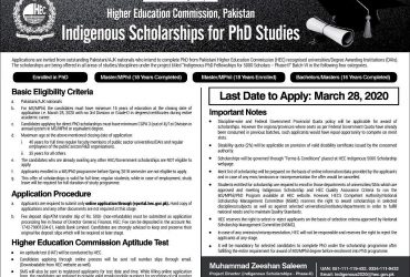 Higher Education Education, Pakistan Indigenous Scholarships for PhD Studies