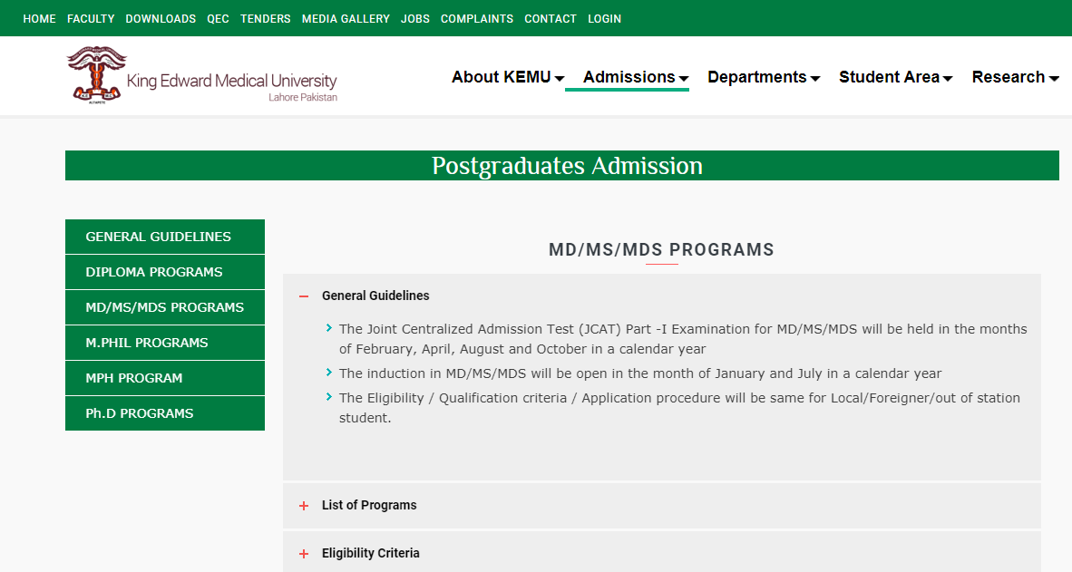 King Edward Medical University MD/MS/MDS PROGRAMS