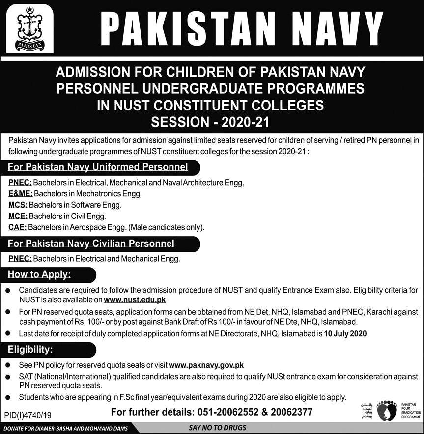 PAKISTAN NAVY Admission for Children of Pakistan Navy Personnel in Undergraduate Programmes in NUST Constituent Colleges Session 2020-21