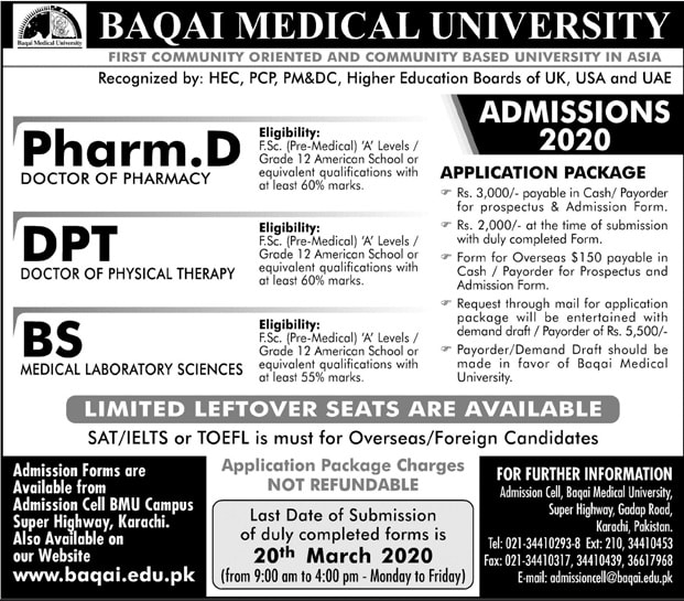 Baqai Medical University-Pharm.D Admission Open