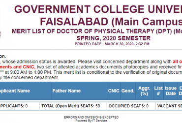 Government College University, FSB DPT admissions