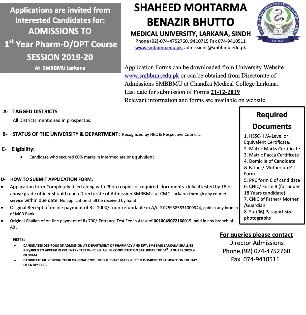 SMBBMU-Larkana, Admission for Pharm-D Courses Session 2019-20