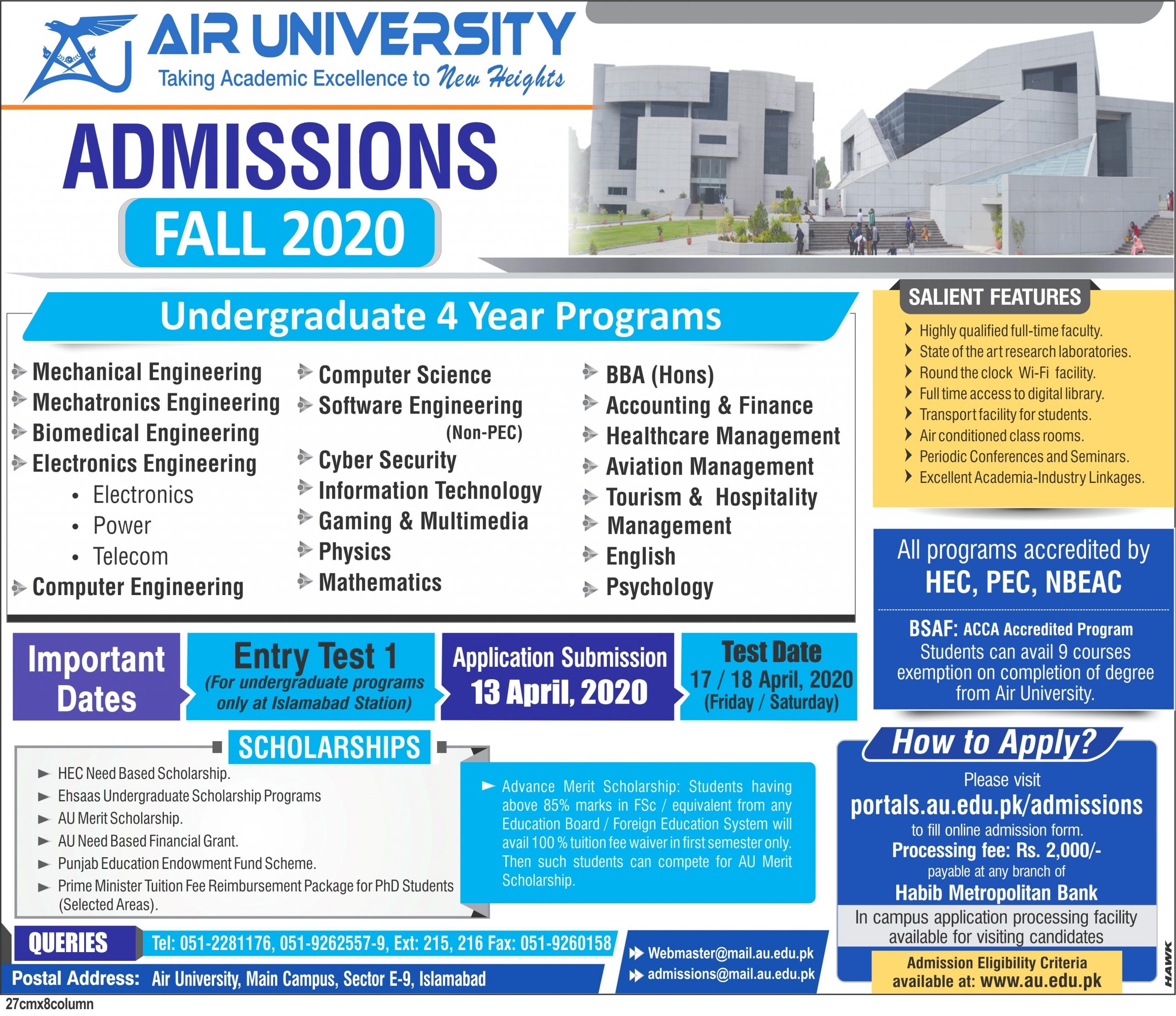 Air University-Islamabad Admissions Fall 2020  Undergraduate Programs