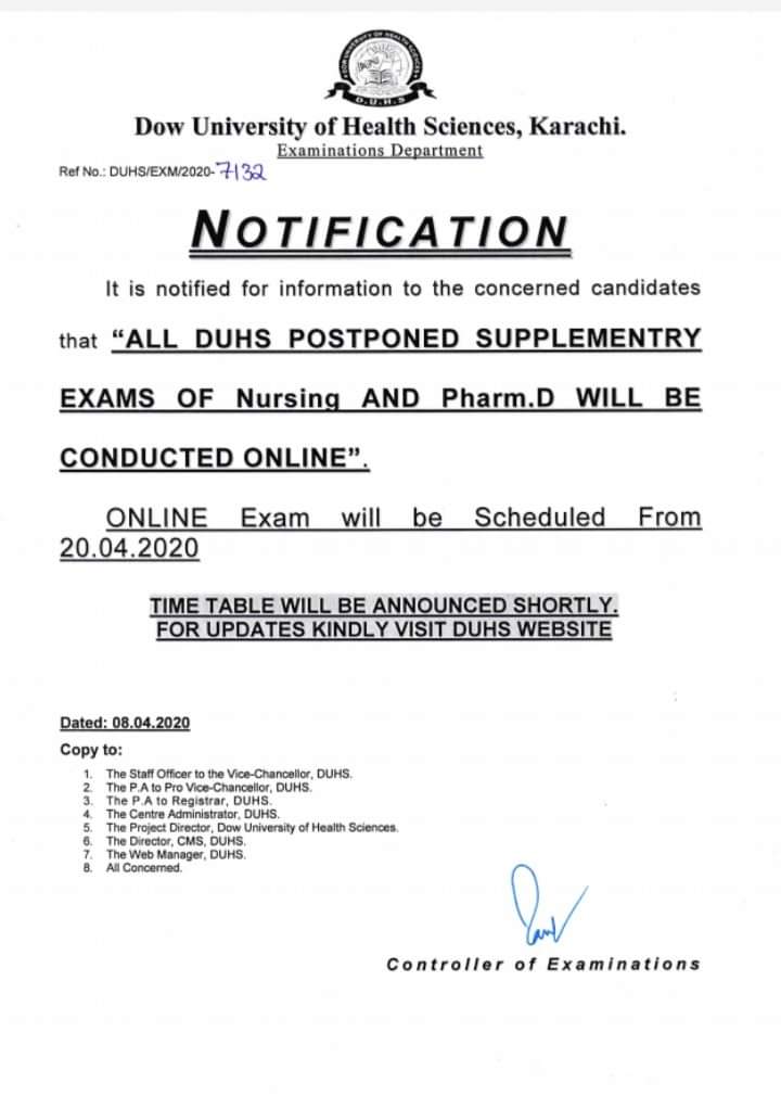 ڈاؤ یونیورسٹی آف ہیلتھ سائنسز کراچی نے فارمیسی اور نرسنگ کے آن لائن امتحانات لینے کا اعلان کر دیا
