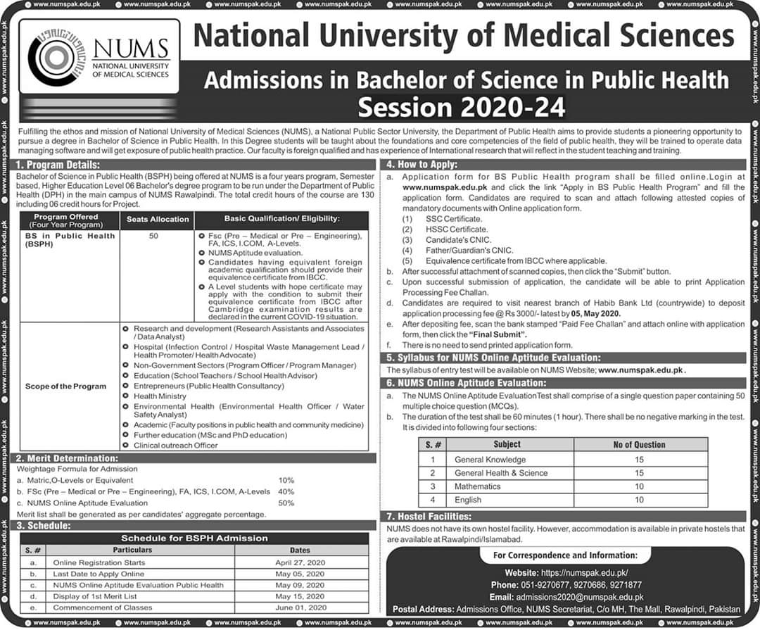 NUMS ADMISSION  OPEN- B.S in Public  Health