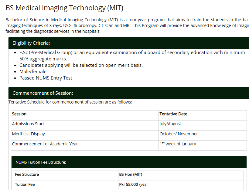 National University of Medical Sciences NUMS BS Medical Imaging Technology (MIT)