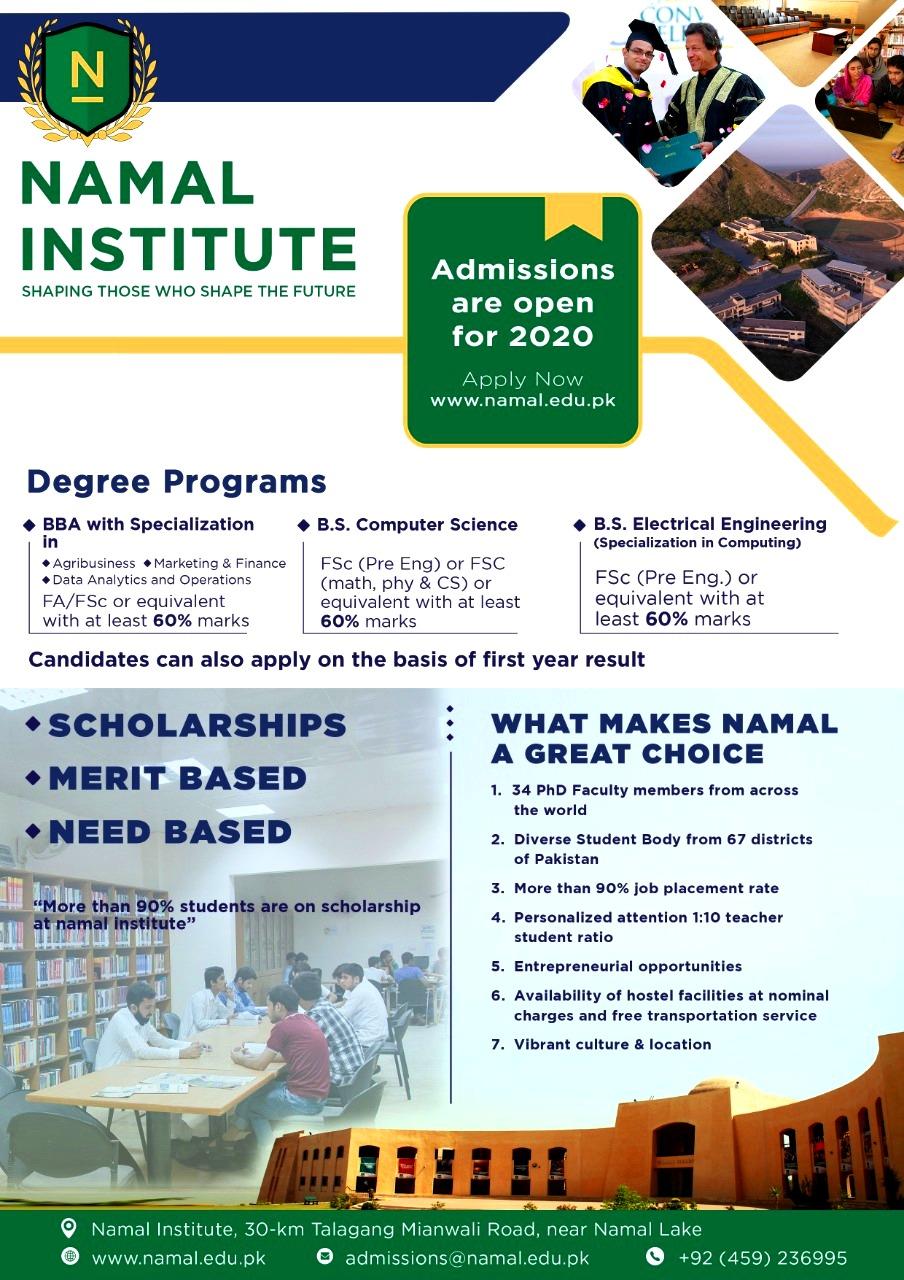 Admissions Fall 2020  Undergraduate Programs-Namal Institute, Mianwali