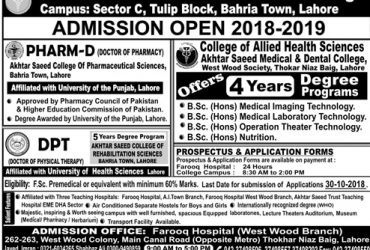 Akhtar Saeed College of Pharmaceutical Sciences, Lahore.