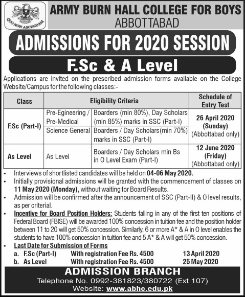 Army Burn Hall College For Boys Abbottabad  admission 2020 for INTERMEDIATE