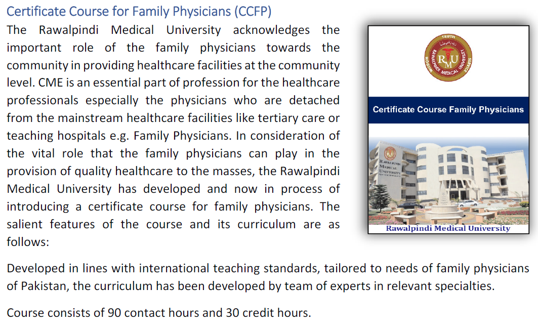 Rawalpindi Medical University Certificate Course for Family Physician