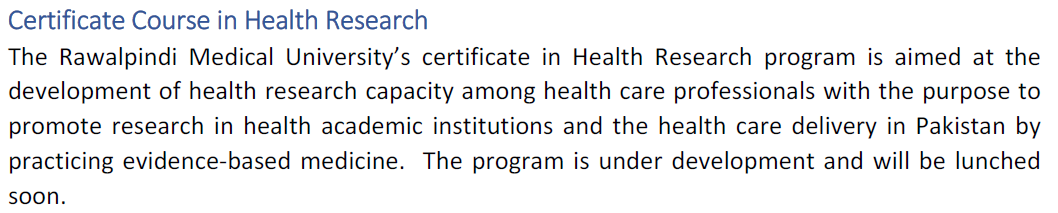Rawalpindi Medical University Certificate Course in Health Research