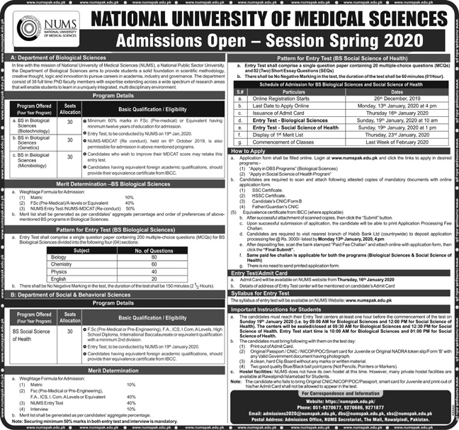 National University of Medical Sciences (NUMS) BS Nursing (Generic) admissions